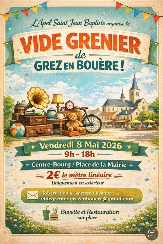 Vide grenier grez en bouère 8 mai 2026