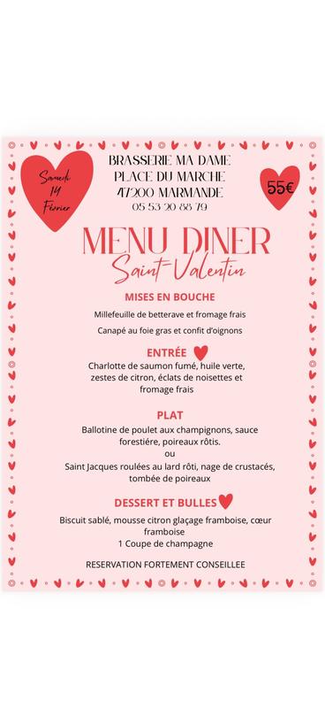 Diner de la Saint-Valentin à la Brasserie ma Dame