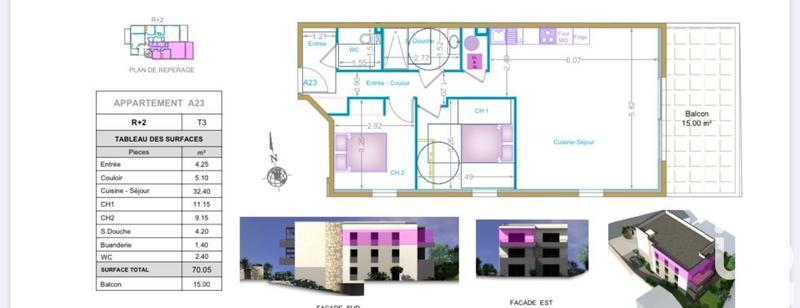 Appartement - 70 m² - 3 pièces