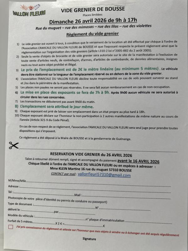 Vide grenier de Bousse rues des fleurs autour du cimetière