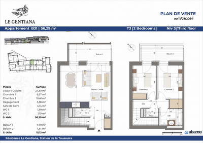 Appartement - 56 m² - 3 pièces