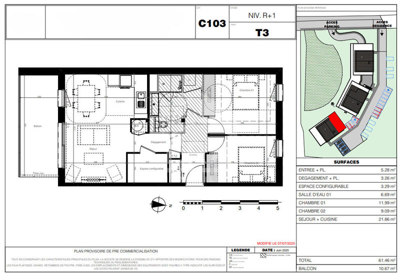 Appartement - 61 m² - 3 pièces