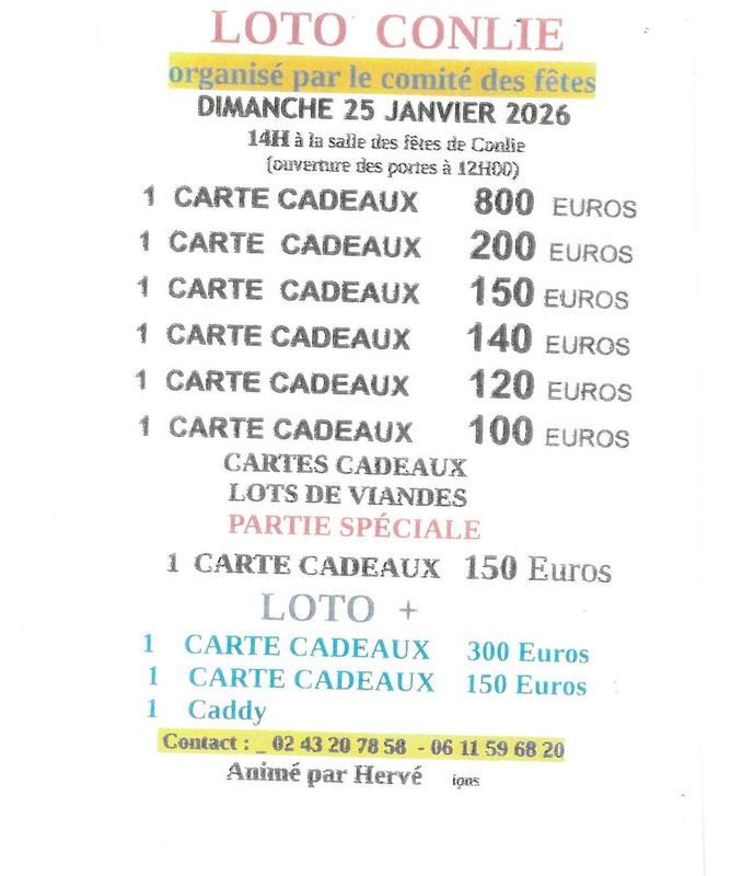 Loto organisé par le Comité des Fêtes de Conlie