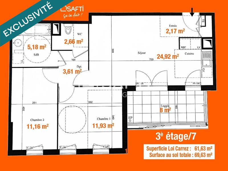 Appartement - 62 m² - 3 pièces