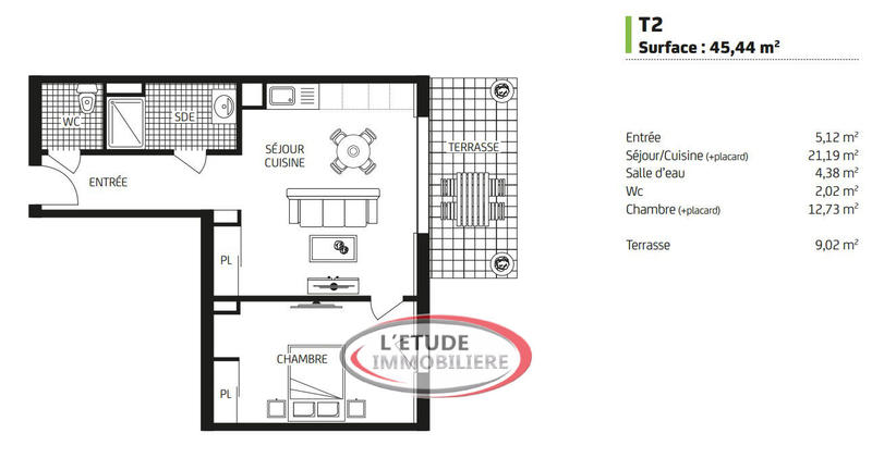 Appartement - 45 m² - 2 pièces