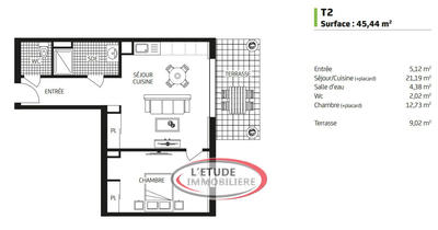 Appartement - 45 m² - 2 pièces