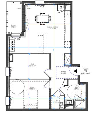 Appartement - 63 m² - 3 pièces