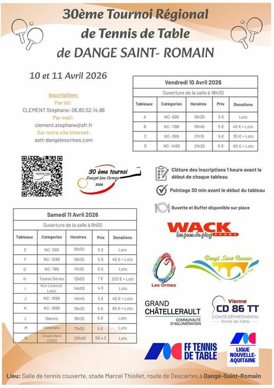 30ème Tournoi Régional de Tennis de Table - les 10 et 11/04