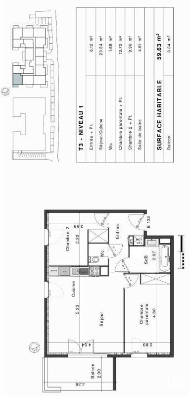Appartement - 60 m² - 3 pièces