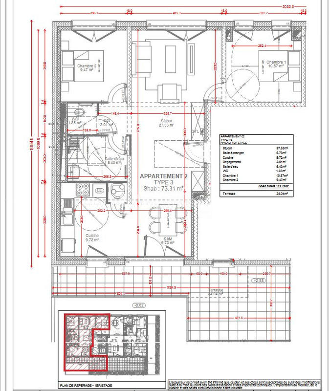 Appartement - 73 m² - 3 pièces