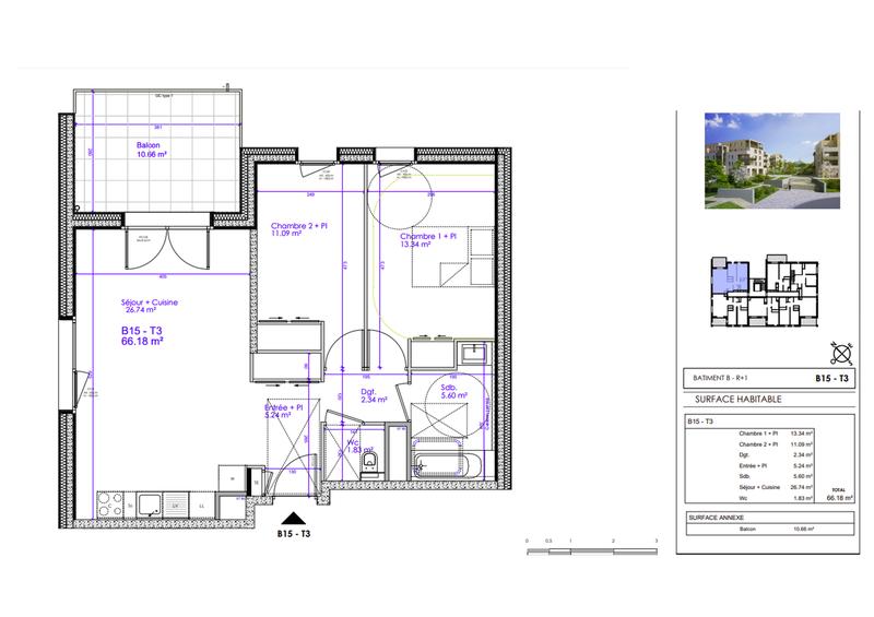 Appartement - 66 m² - 3 pièces