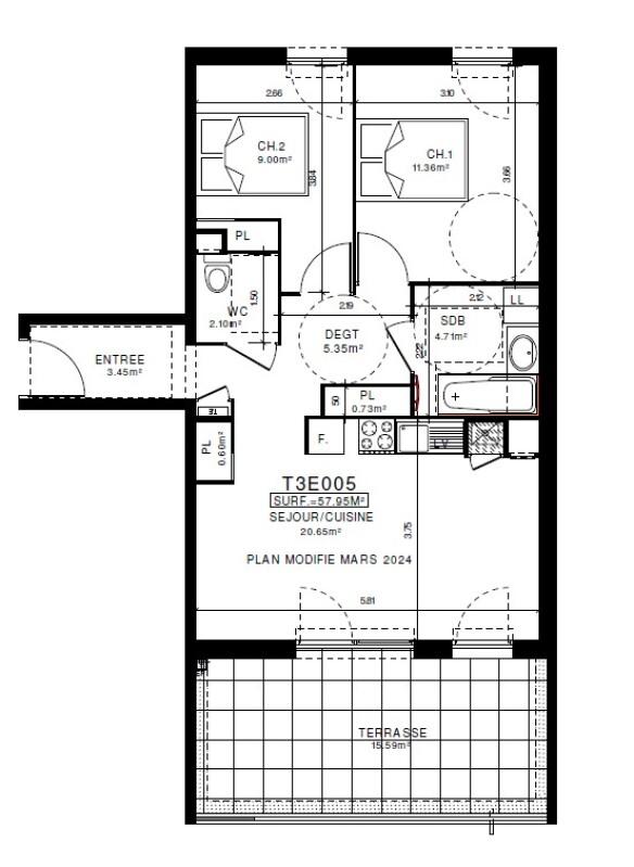 Appartement - 57 m² - 3 pièces