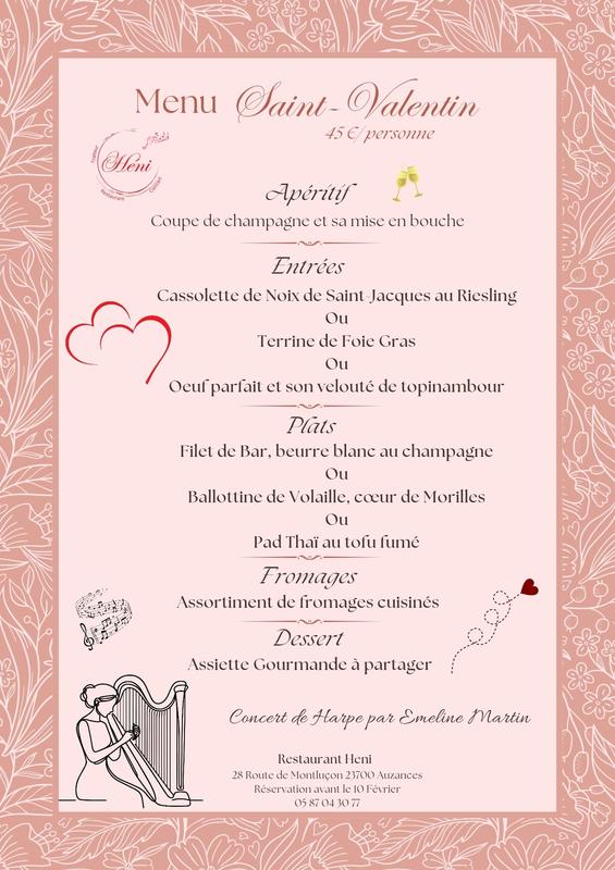 Restaurant le Héni : Menu de la Saint-Valentin et concert de Harpe