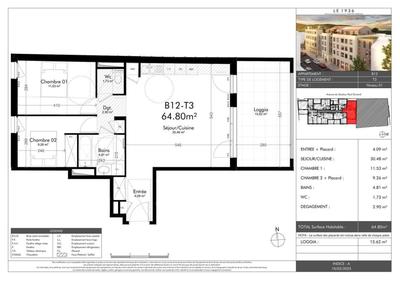 Appartement - 64 m² - 3 pièces