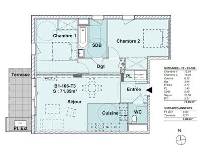 Appartement - 72 m² - 3 pièces