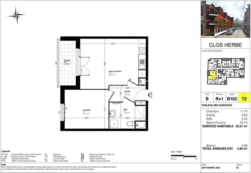 Appartement - 43 m² - 2 pièces