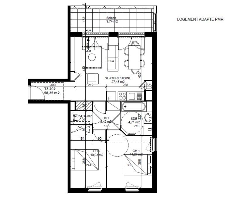 Appartement - 58 m² - 3 pièces