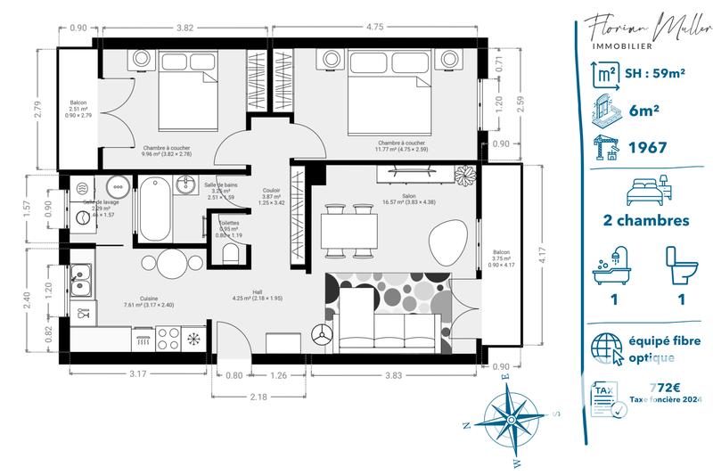 Appartement - 59 m² - 3 pièces