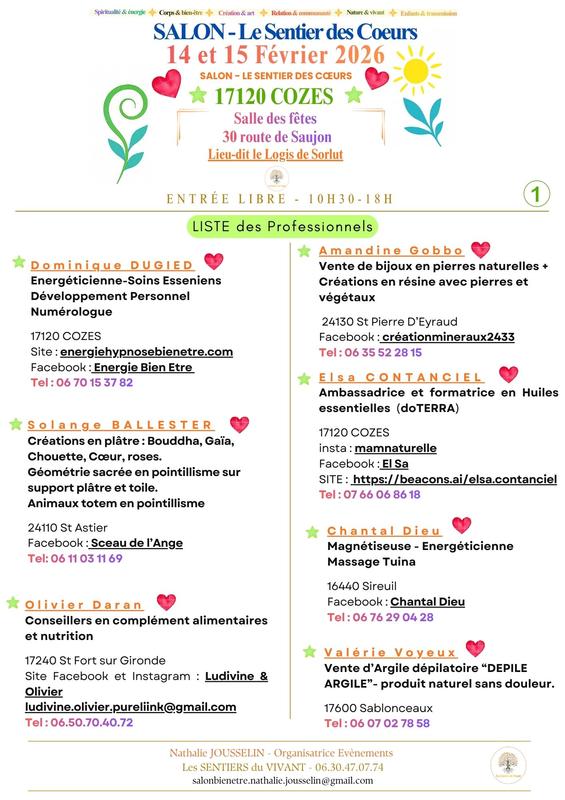 Salon Bien Être -Corps-Spiritualite-Createurs-Voyance-Commercants 14 et 15 Février - 17120 Cozes - le sentier des Coeurs