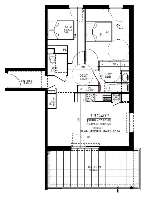 Appartement - 57 m² - 3 pièces