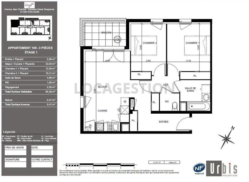 Appartement - 60 m² - 3 pièces