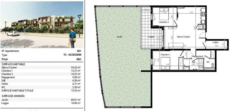 Appartement - 74 m² - 3 pièces