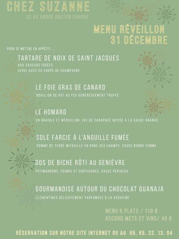 Menu du réveillon de la Saint-Sylvestre au restaurant Chez Suzanne