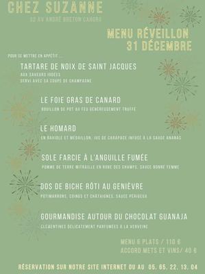 Menu du réveillon de la Saint-Sylvestre au restaurant Chez Suzanne