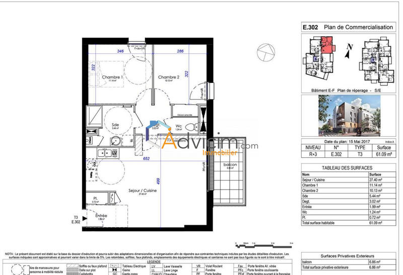 Appartement - 61 m² - 3 pièces