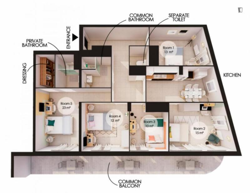 Chambre - 13 m² - 5 pièces