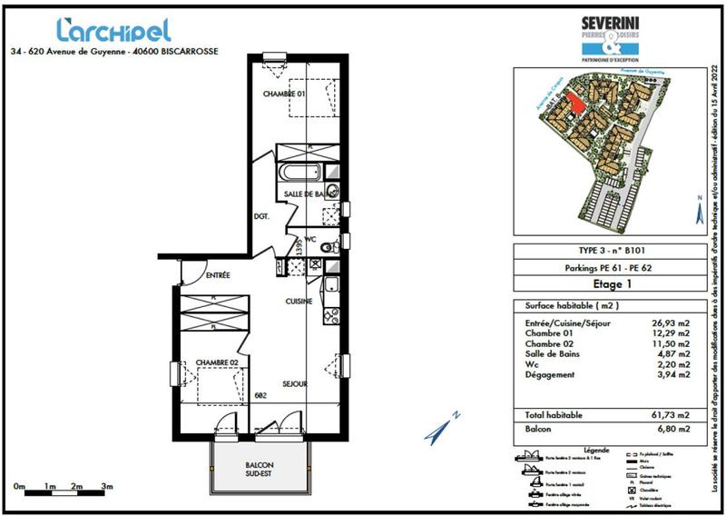 Appartement - 61 m² - 3 pièces