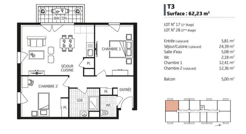 Appartement - 62 m² - 3 pièces