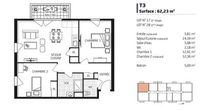 Appartement - 62 m² - 3 pièces
