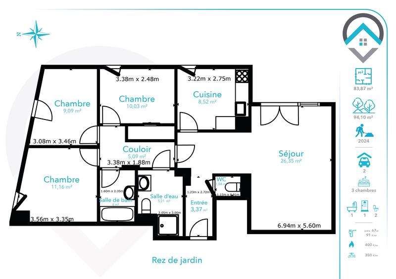 Appartement - 84 m² - 4 pièces