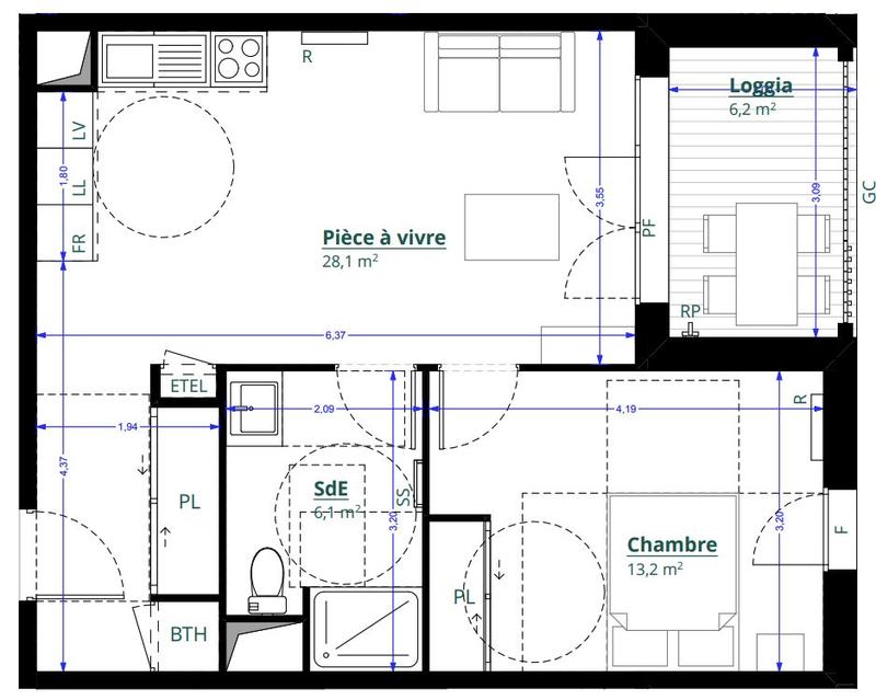 Appartement - 47 m² - 2 pièces