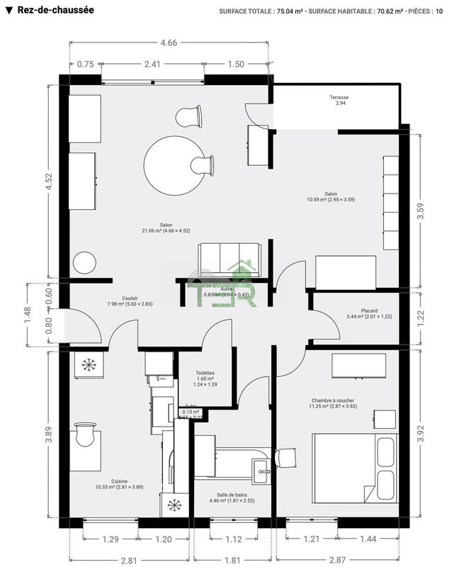 Appartement - 71 m² - 2 pièces