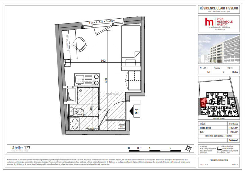 Studio - 16 m² - 1 pièce