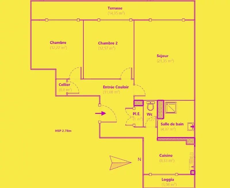 Appartement - 72 m² - 3 pièces