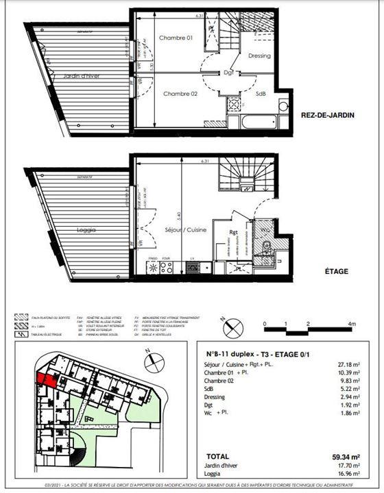 Appartement - 59 m² - 3 pièces