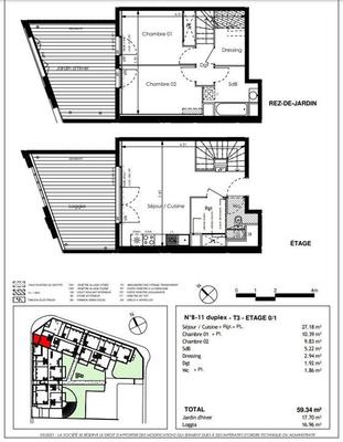 Appartement - 59 m² - 3 pièces