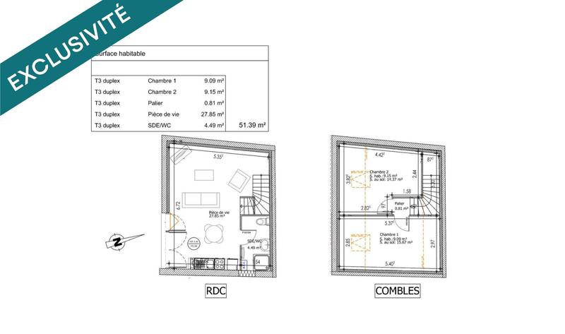Appartement - 55 m² - 3 pièces