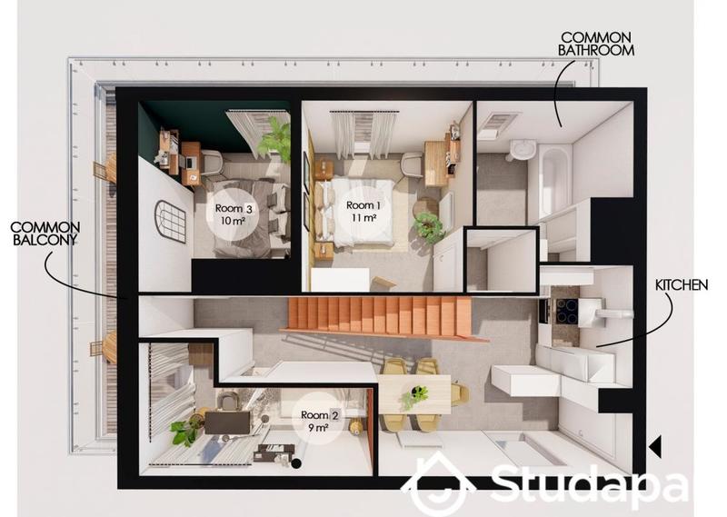 Chambre - 11 m² - 1 pièce