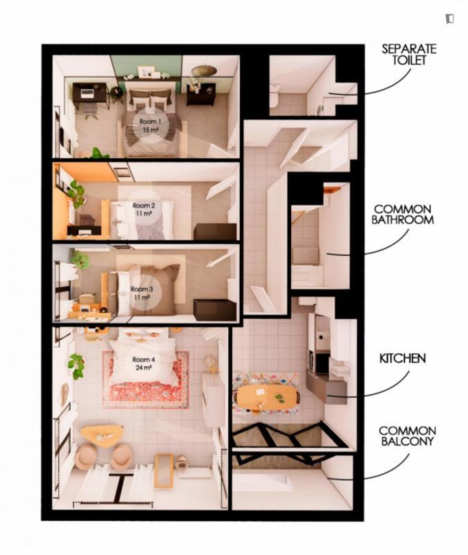 Chambre - 11 m² - 4 pièces