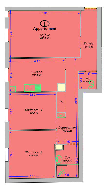 Appartement - 69 m² - 3 pièces