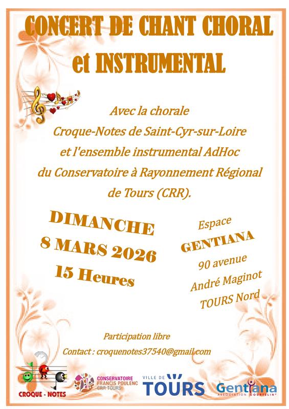 Concert de chant choral et instrumental avec la chorale Croque-Notes de Saint-Cyr-sur-Loire et les ensembles Ad Hoc du Conservatoire de Tours et Dodécadanse du