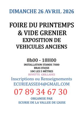 Fête du printemps vide grenier, foire artisanal produits régionaux et expositions de véhicules anciens