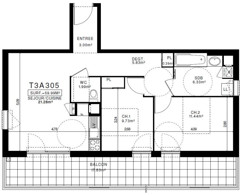 Appartement - 59 m² - 3 pièces
