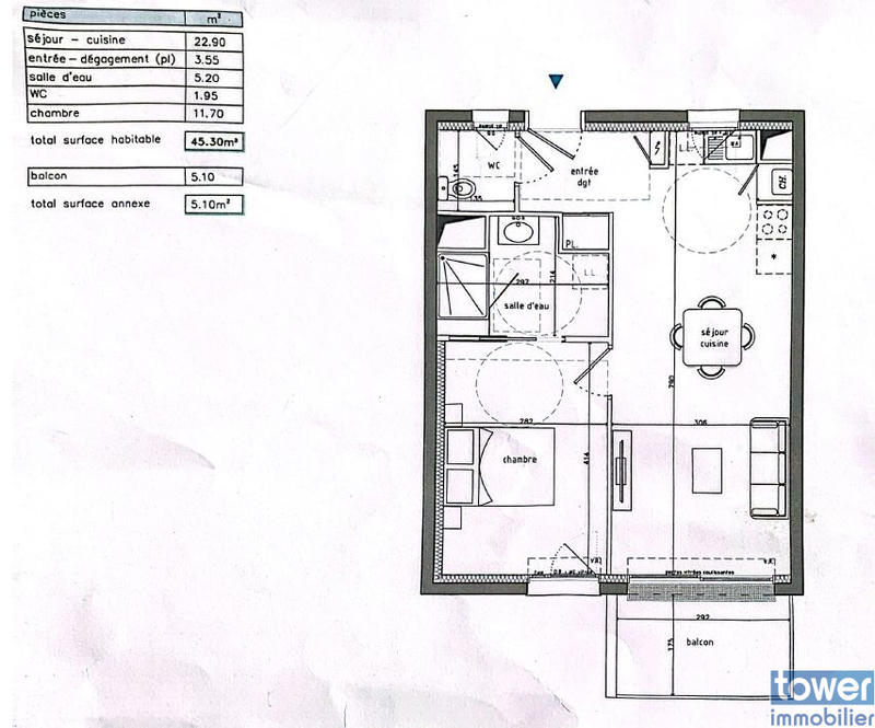 Appartement - 45 m² - 2 pièces