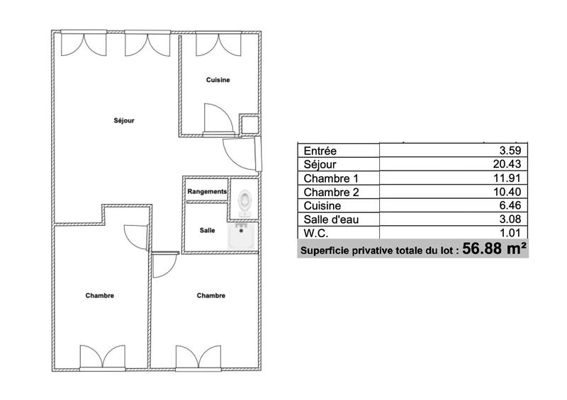 Appartement - 57 m² - 3 pièces
