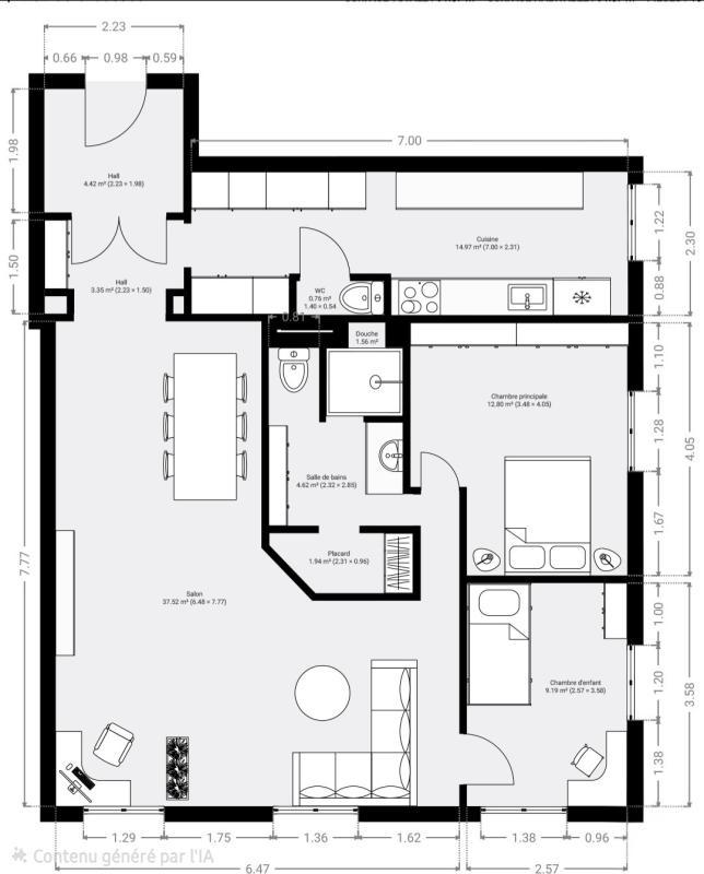 Appartement - 82 m² - 3 pièces
